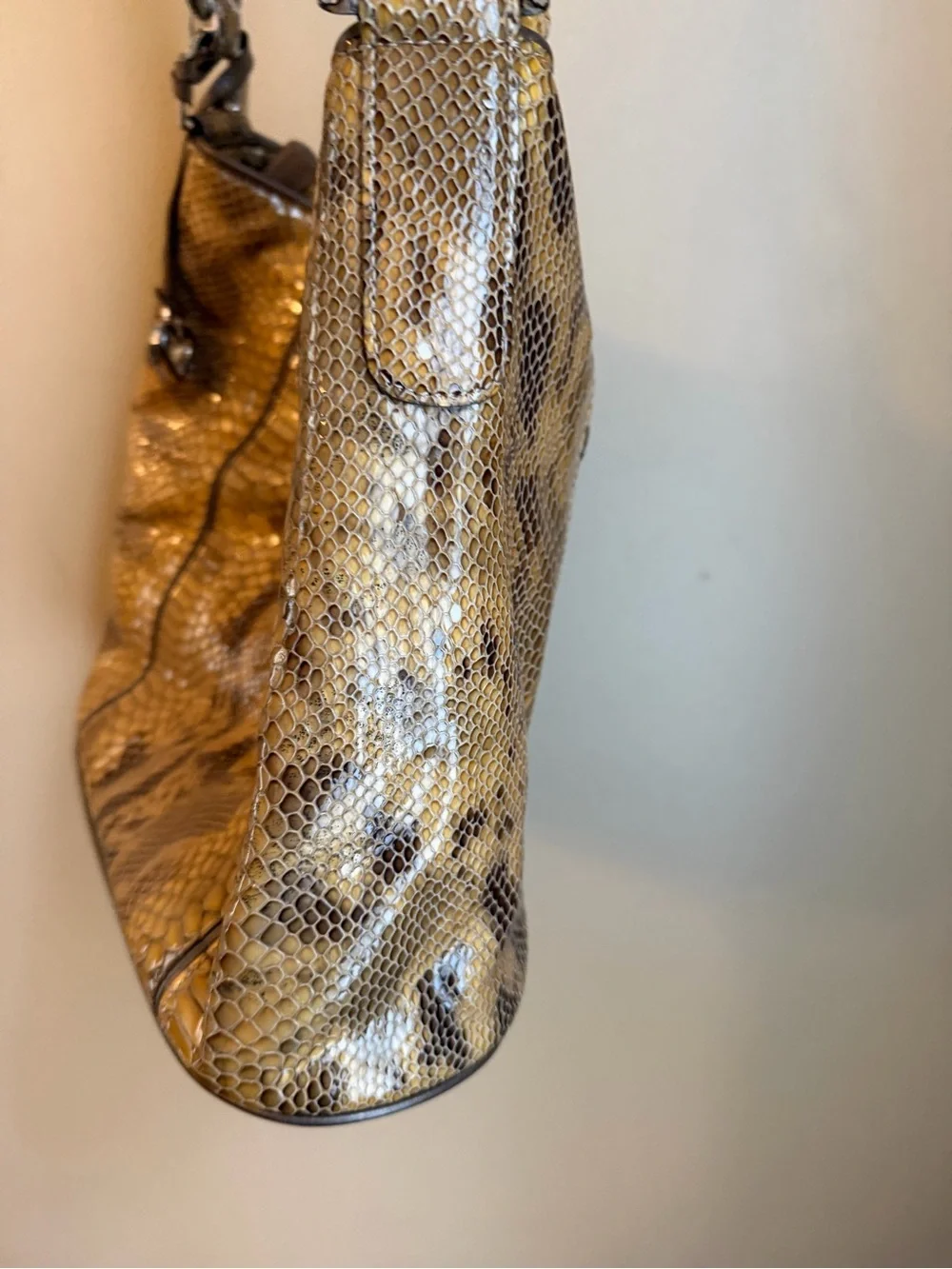 Y2K Brighton Snake Print Gold Patent Leather Shoulder Bag Bohemian Festival